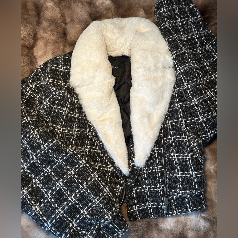 Forever 21 Black and White Checkered Teddy Jacket